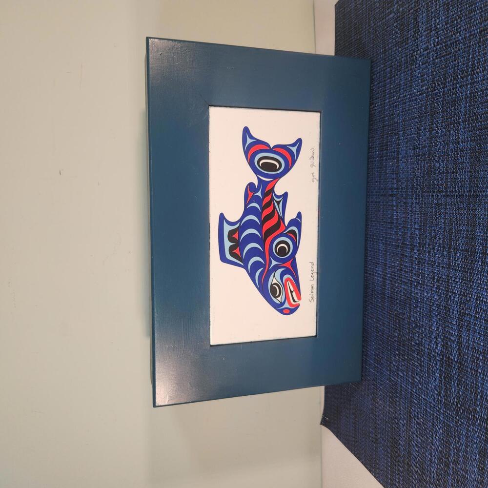 Upcycled Framed Native Salmon Art – "Salmon Legend"  Coast Style Wall Decor